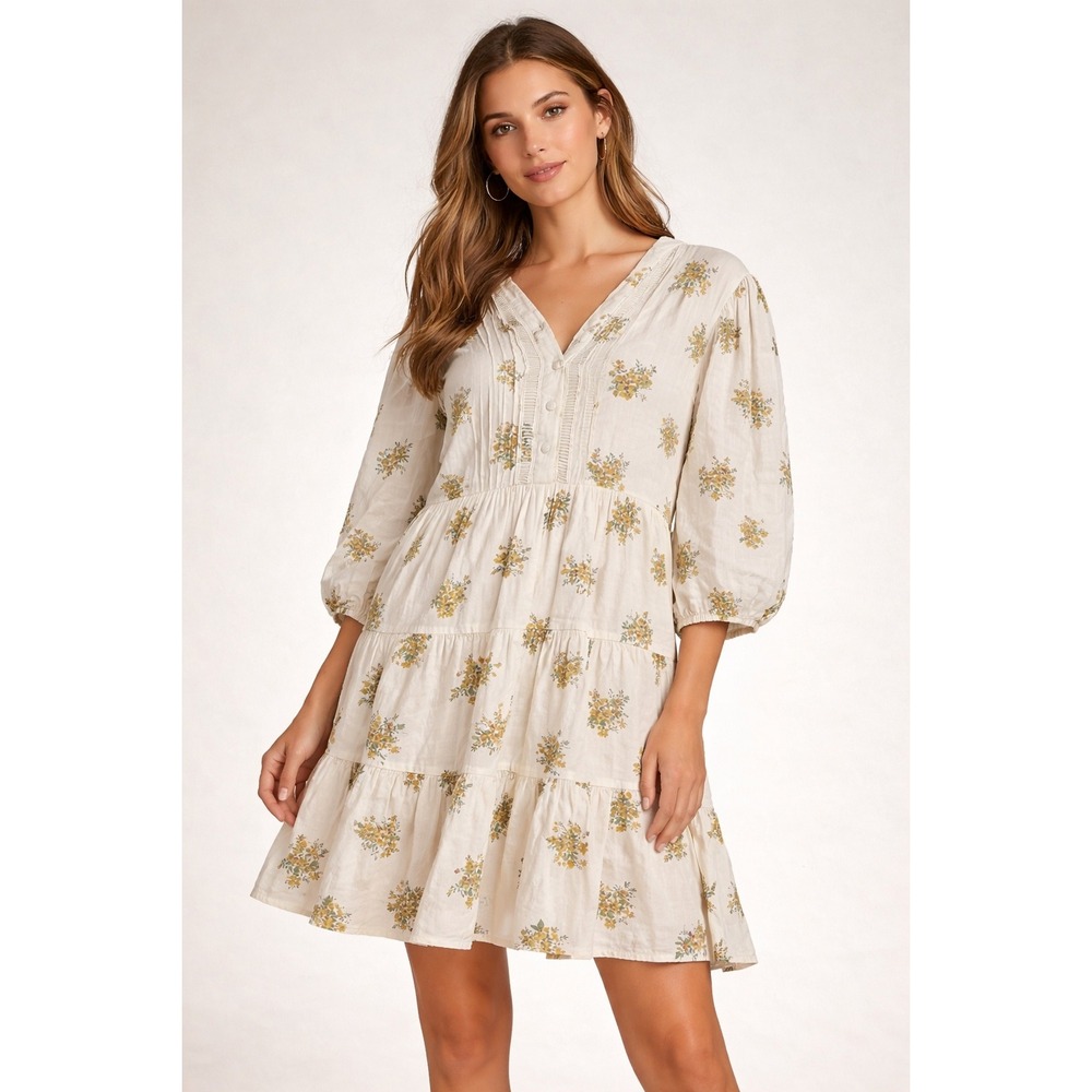 By The River Floral Tiered Mini Dress Cream Yellow Boho Puff Sleeve Large
